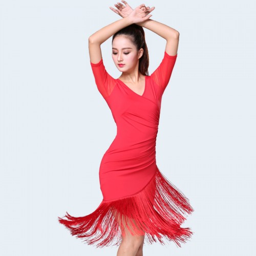 Women black red tassels v neck long sleeves latin dance dresses for female salsa rumba chacha dance fringe dresses 